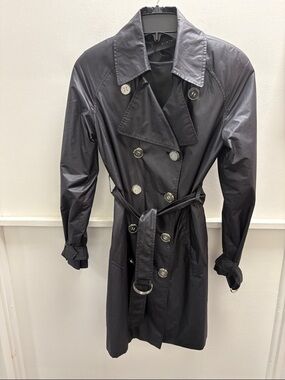 Elie Tahari Black Double-Breasted Trench Coat with Waist Belt